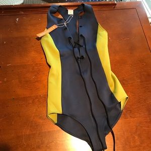 Green and Navy Colorblock Lace-up Swimsuit